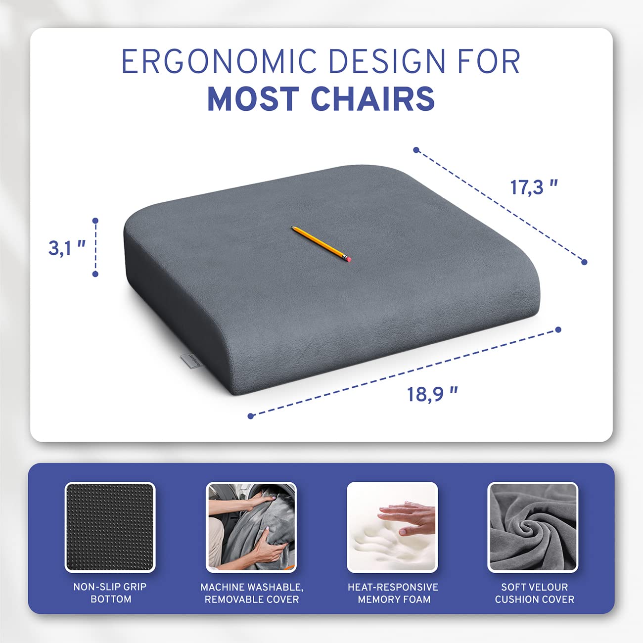 ComfySure Seat Cushion Extra Large - Firm Memory Foam Chair Pad for Recliner, Wheelchair, Office Chair, Stadium, Bleacher, Car, Floor, Patio Furniture, Bariatric Overweight Users 19”x17”x3”