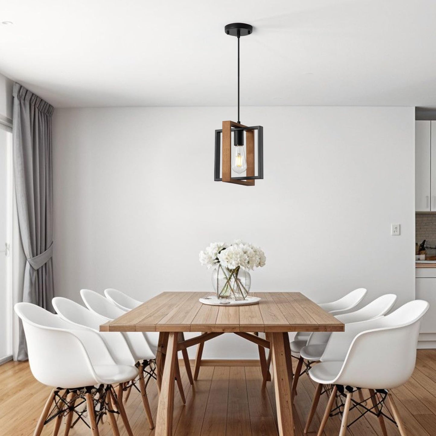 9MMML Industrial Small Pendant Lighting, Farmhouse Kitchen Island Hanging Lamp with Cord, Wood+Metal,1 Light E26 Fixture for Dining Room Bedroom Hallway Entryway,9.5 inch