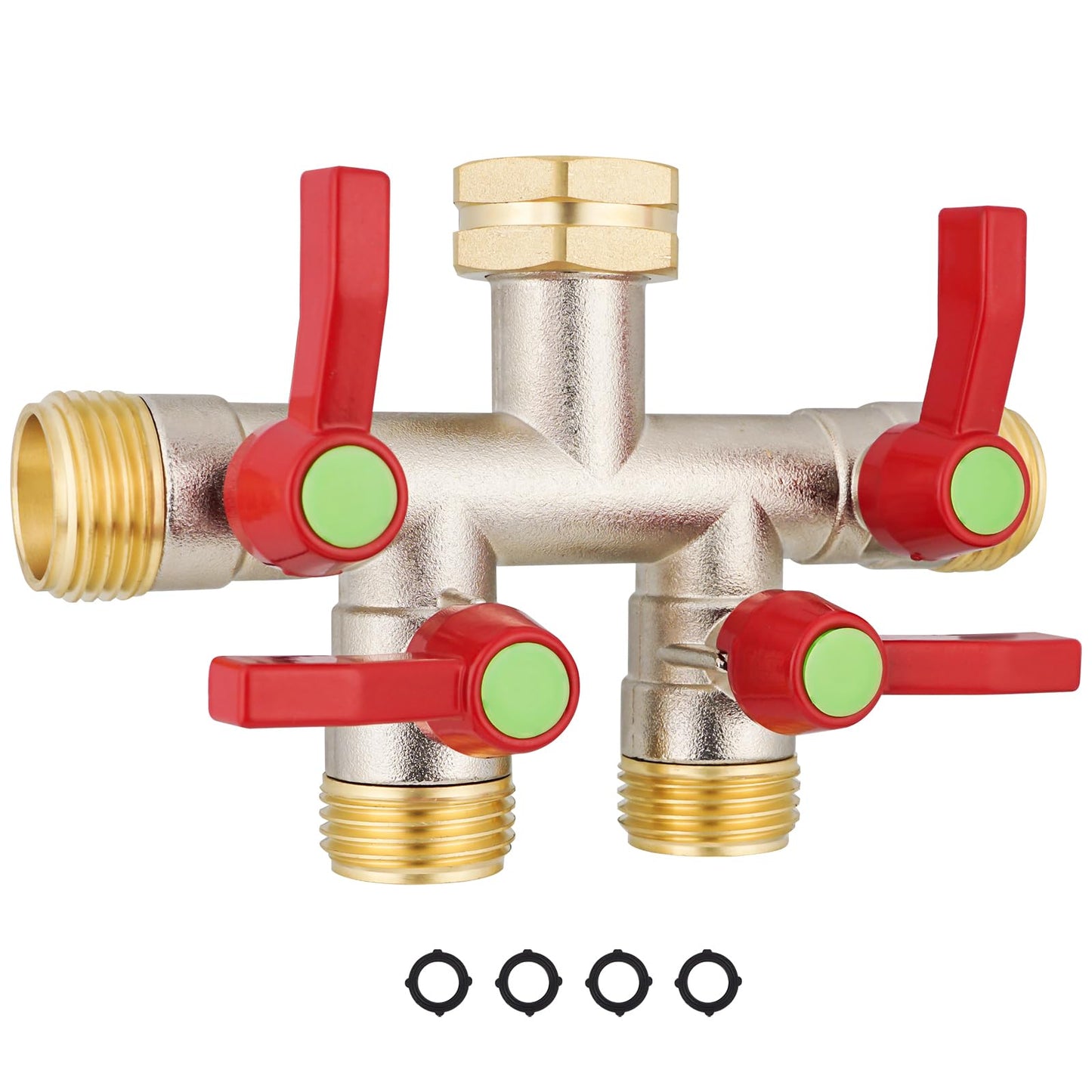 EJW Garden Hose Splitters, 4 Way Hose Splitter, Water Hose Splitters, Hose Bib Splitter, 4 Way Heavy Duty High Flow Splitter, Brass Hose Splitter, Spigot Splitter,Valve 3/4 Inch GHT Thread.