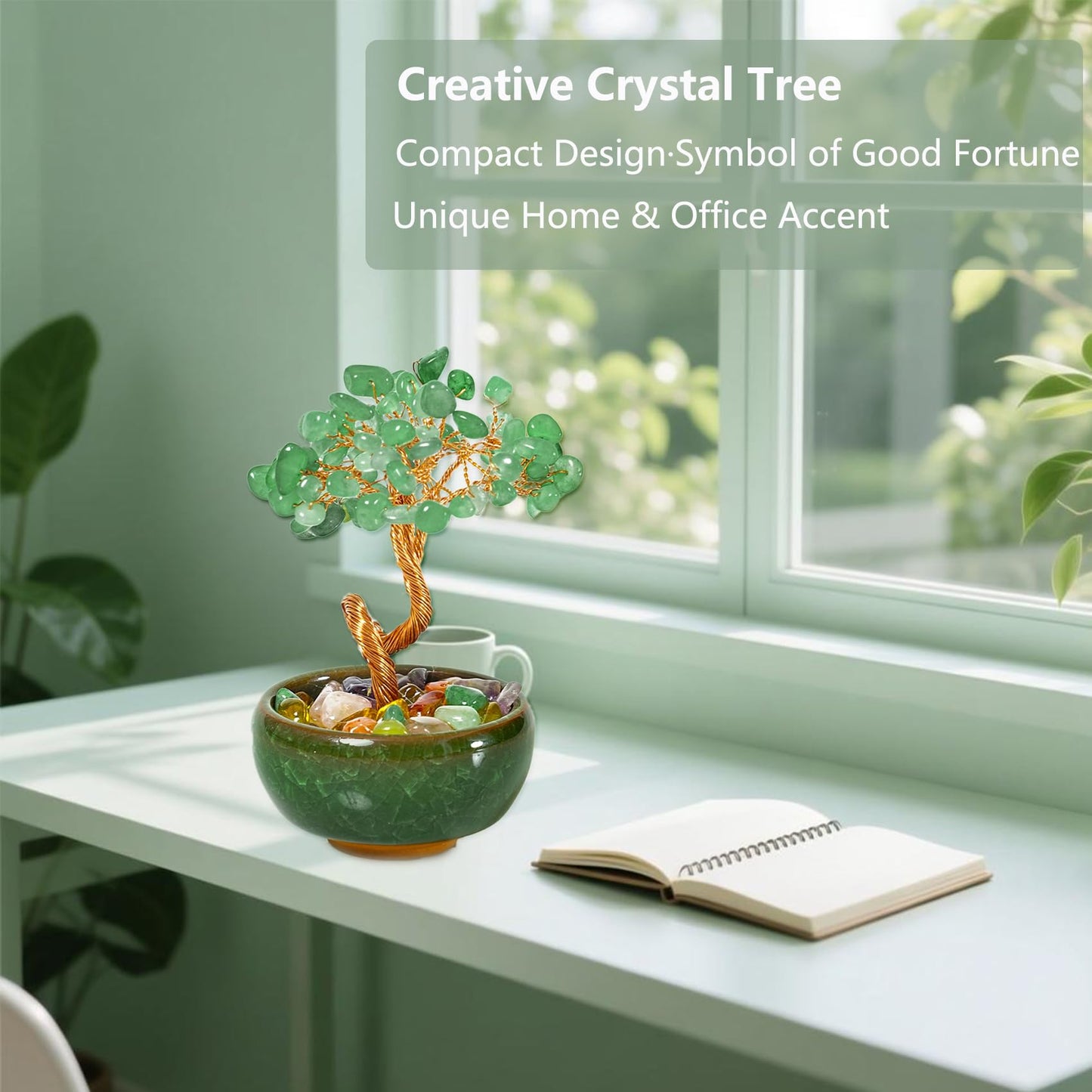 Green Aventurine Crystal Tree for Office Desk Home Room Decor, Crystal Tree of Life with Copper Wire, Ceramic Base, Meditation Gift for Women, Yoga, Birthday Gift