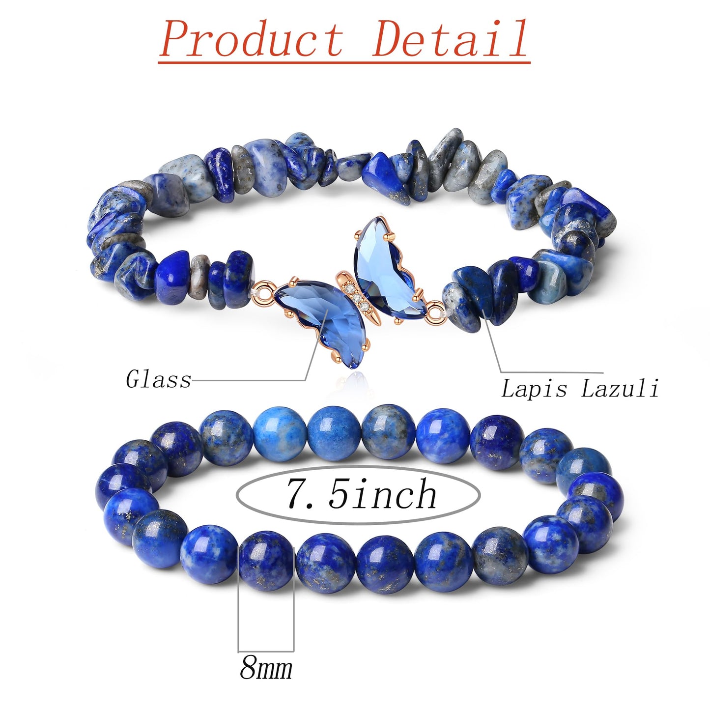 DUQGUHO Blue Bracelets for Women Lapis Lazuli Bracelet Blue Beaded Bracelets for Women Healing Bracelets for Women Butterfly Bracelets Blue Gemstone Bead Jewelry 8mm Blue Gifts for Women 2Pcs
