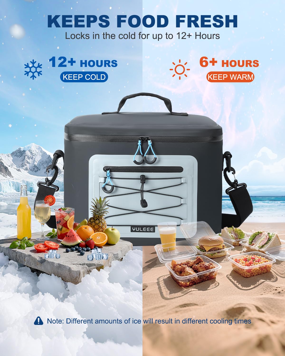 Yuleee Cooler Bag, 30 Can Soft Sided Large Portable Insulated Cooling Pack, Everyday Lunch Cooler, Leakproof Ice Chest for Beach, Camping, Travel, Picnic, Black