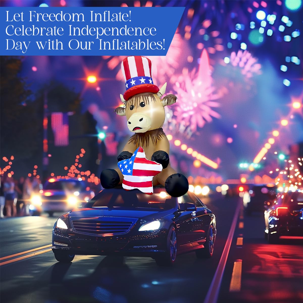 4FT Patriotic Independence Day 4th of July Inflatable Highland Cow Holding America Heart LED Lighted Blow Up Decoration Decor Home Yard Outdoor Indoor Decoration