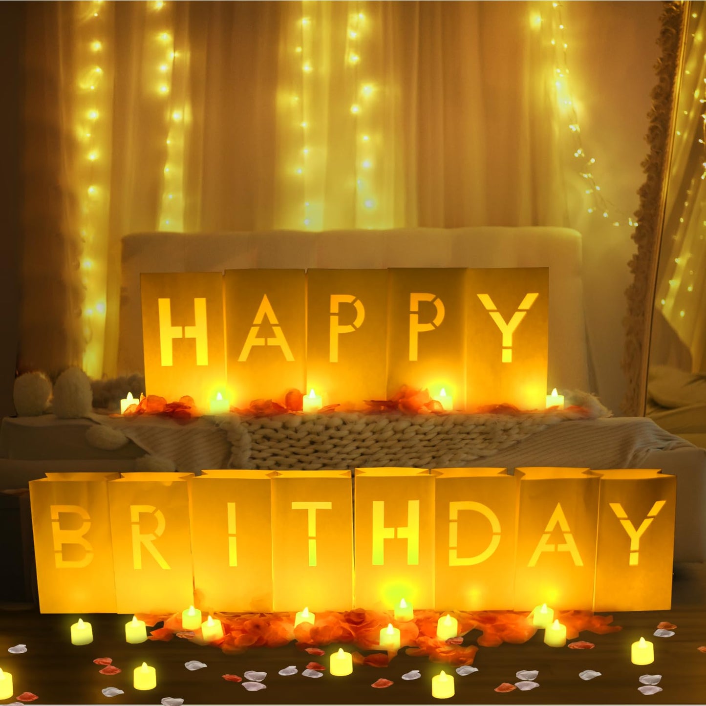Happy Birthday Decorations for Women Men Girls White Paper Bags with Letter Cards 2000PC Rose Petals Set, Happy Birthday Banner for Door Room Party Decorations, Surprise Gifts Banner