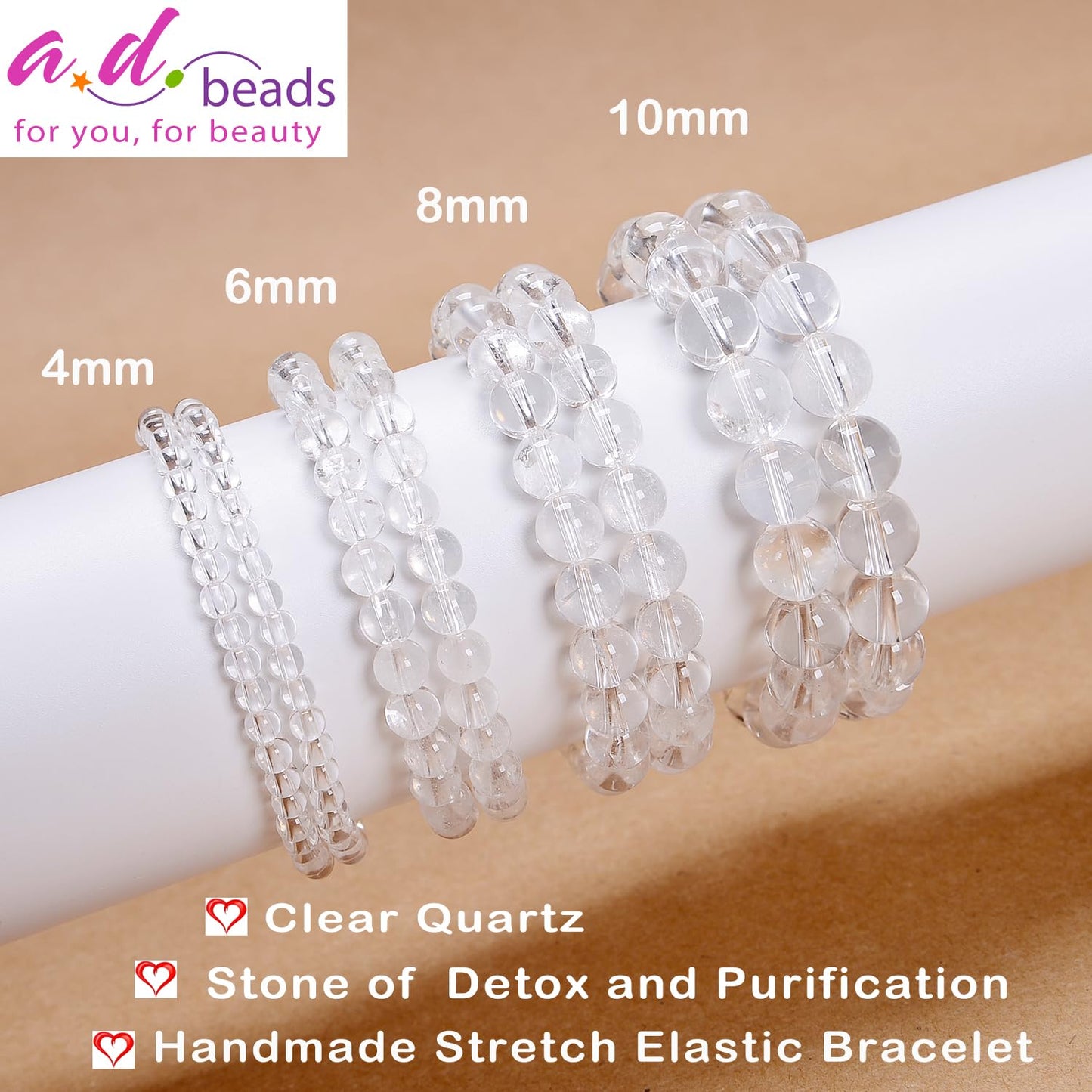 AD Beads Handmade Gemstone Stretch Elastic Bracelet Crystal Healing Reiki Nature's Beauty and Spiritual Essence Unisex (10mm, Clear Quartz (Detox and Purification))