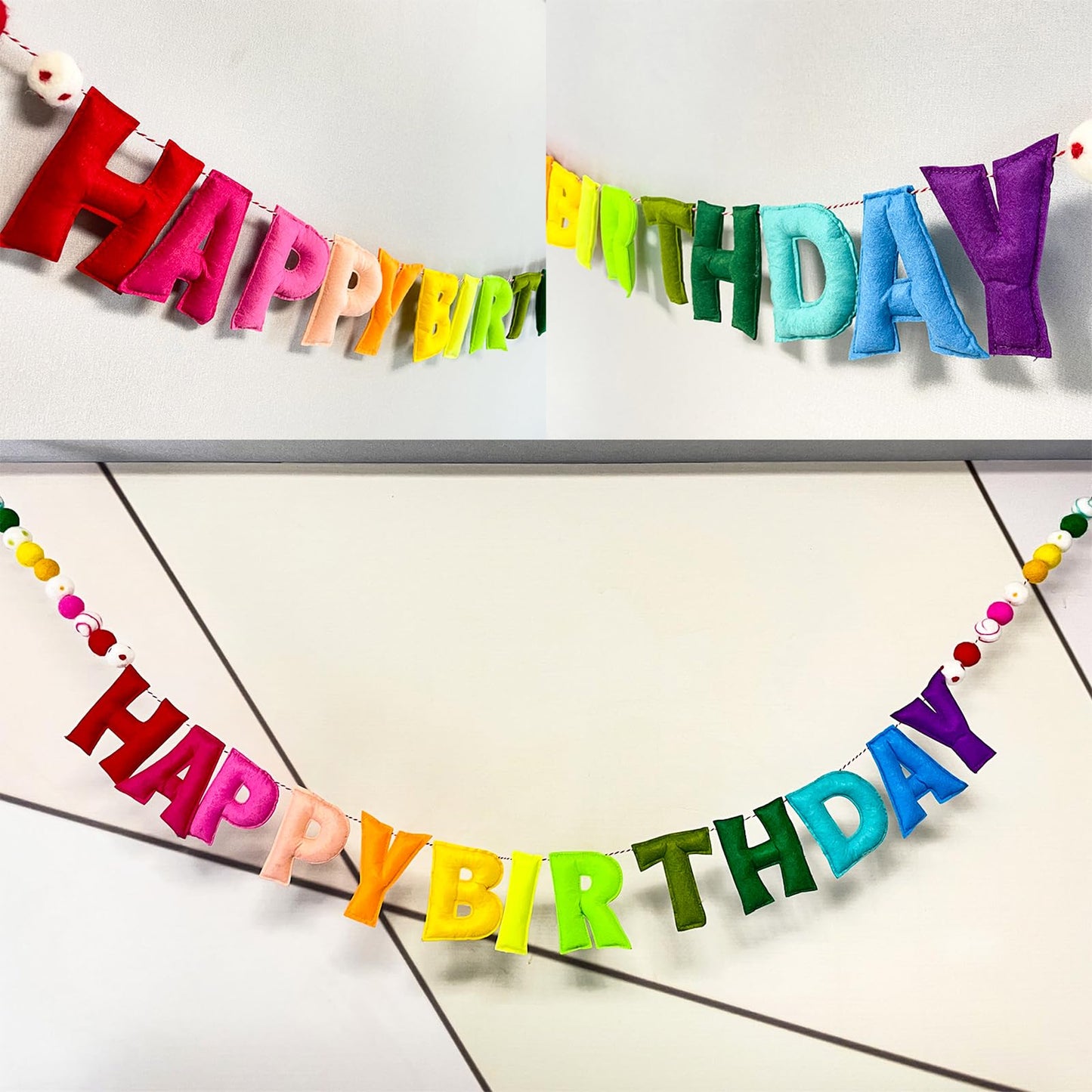 Pre-Strung Happy Birthday Banner - Felt Ball Garland - Reusable HAPPY BIRTHDAY Garland, Rainbow Party Decorations, Personalized Holiday Sign for Party Decor, Kids Room Decor, Photo Prop (Rainbow)