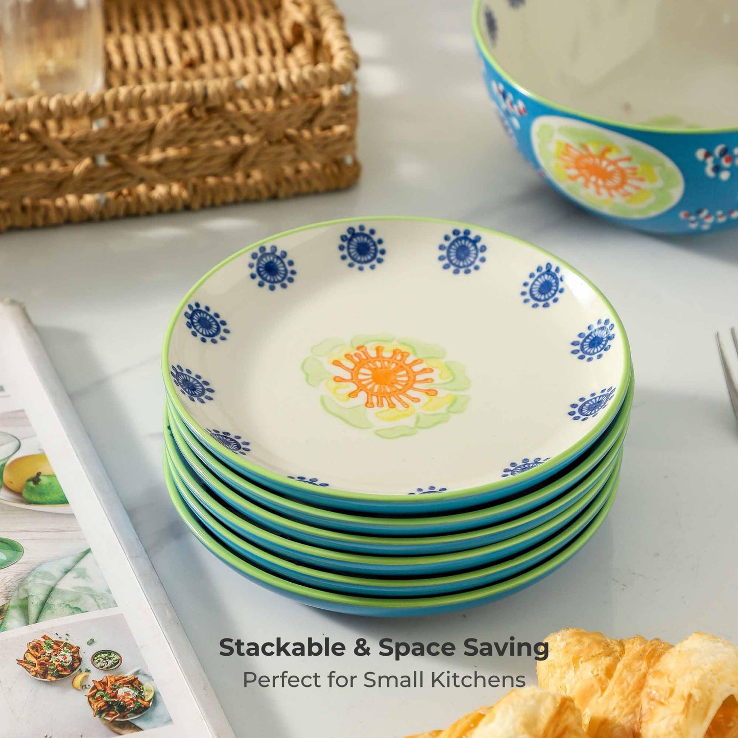 UniqueLife Hand-Painted 6 Inch Dessert Plates Set of 6, Ceramic Appetizer Snack Salad Plates, Microwave Dishwasher Oven Safe Small Plates for Cake Bread Fruit, Gift-Ready - Ocean Blue