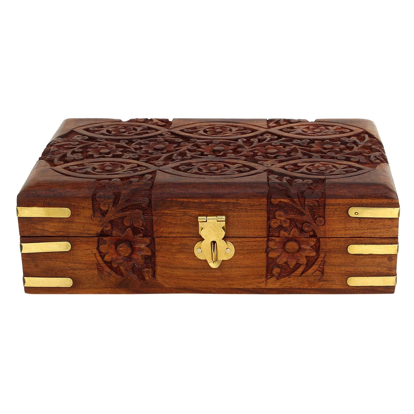Ajuny Handcarved Treasure Chest Wooden Decorative Jewelry Storage Box Eye Floral Design Multipupose Small Memory Keepsake Box Pretty Gift Box Wood Trinket Boxes - 8X5 Inch