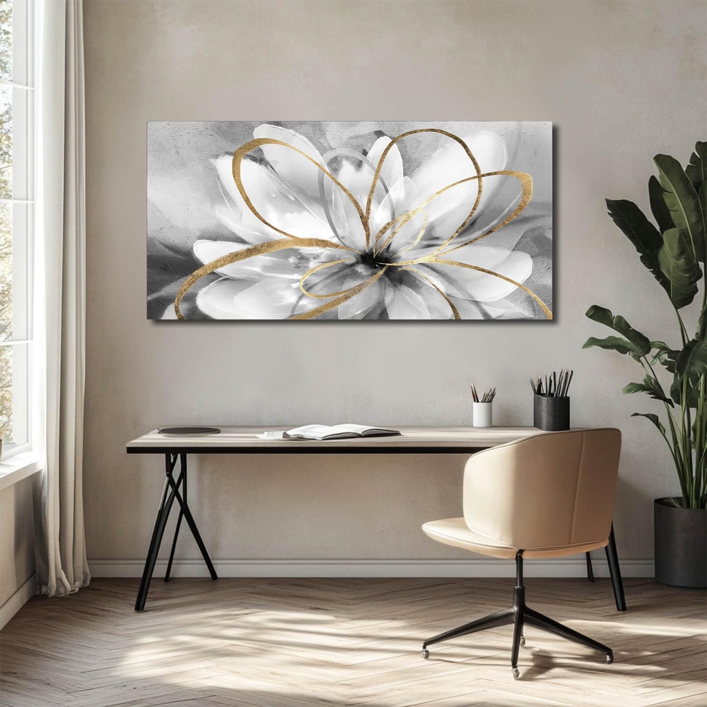 SOUGUAN Black and Grey Wall Decor Flower Art Work 20x40 Inch Line Paintings for Living Room Bedroom Office Wall Decorations