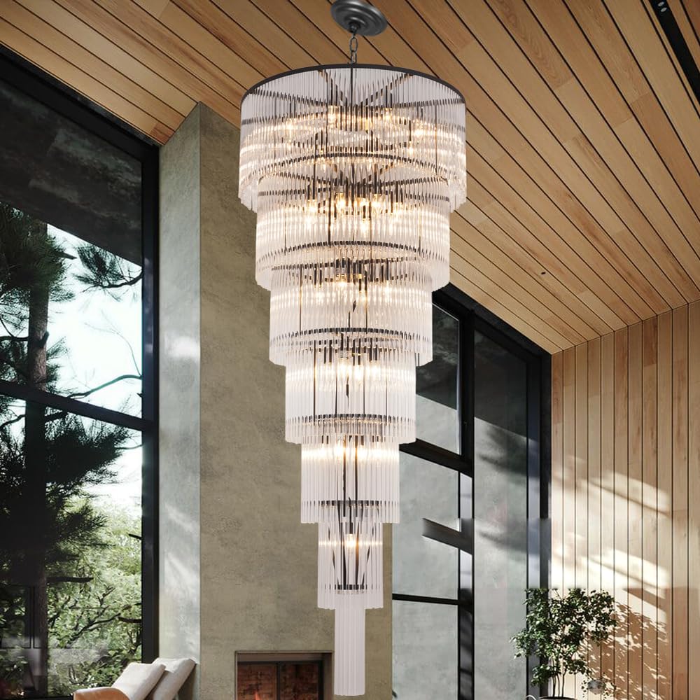 Akeelighting Black Glass Chandeliers for High Ceiling, 7-Tier Glass Rod Chandelier H71 Modern Foyer Entryway Ceiling Light Fixture for Staircase Living Room Entry Extra Long