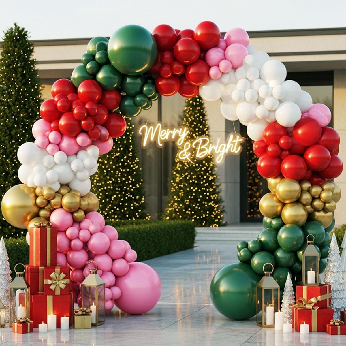 Christmas Balloon Arch Kit – 143pcs Double Stuffed Green, Red, Green, White, Pink & Gold Balloons Garland, Xmas Balloon Arch Decorations for Holiday Party, Merry Christmas Balloons Decor Supplies