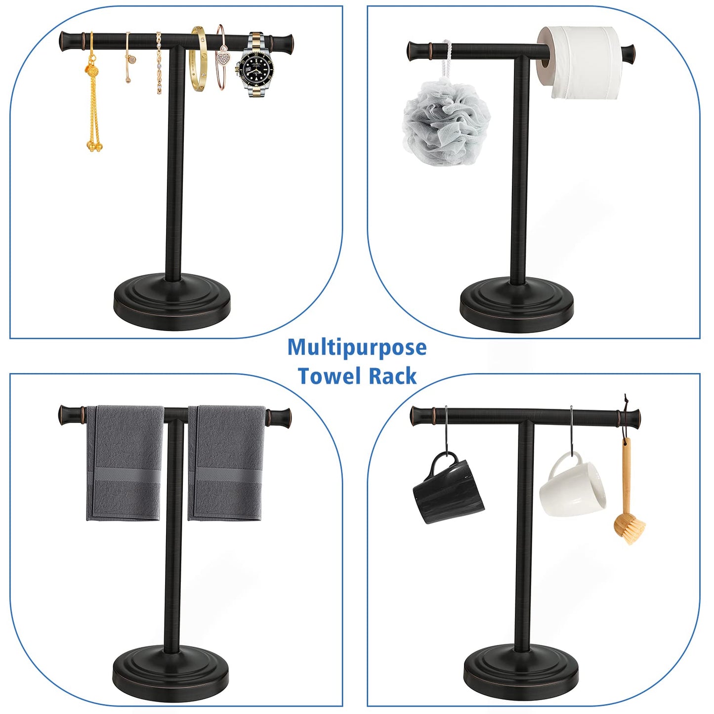 RUMOSE 13 Inch Oil Rubbed Bronze Towel Stand Hand Towel Holder Bathroom Kitchen Vanity Countertop T-Shape Towel Rack Free Standing Stainless Steel Towel Bar Towel Ring