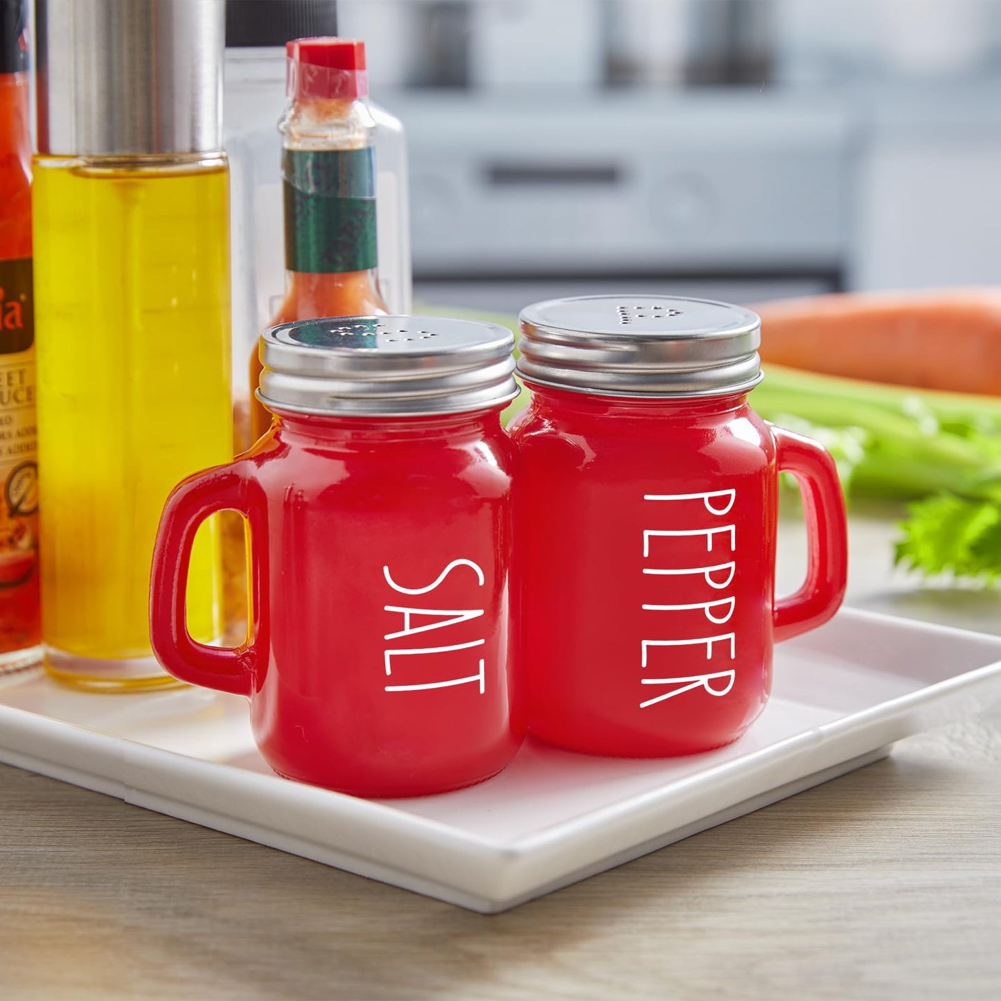 Red Salt and Pepper Shakers Set, ZOSUJO 4 oz Cute Modern Glass Christmas Red Shaker Sets with Stainless Steel Lids, Red Kitchen Decor and Accessories for Home Restaurants Weddings