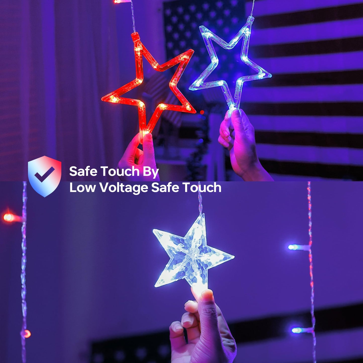 MYGOTO 4th of July Patriotic Star Icicle Lights,8.2ft 126LED red White and Blue Curtain String Waterproof, 8 Modes with Timer Connectable Independence Day Decorations Window Lights for Outdoor Indoor