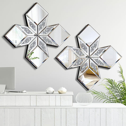 VOHJD Crushed Diamond Decorative Mirror 2 Pack 16.75x16.75” Diamond Shape Glass Decor Wall Mirror for Home Decor, Accent Mirror