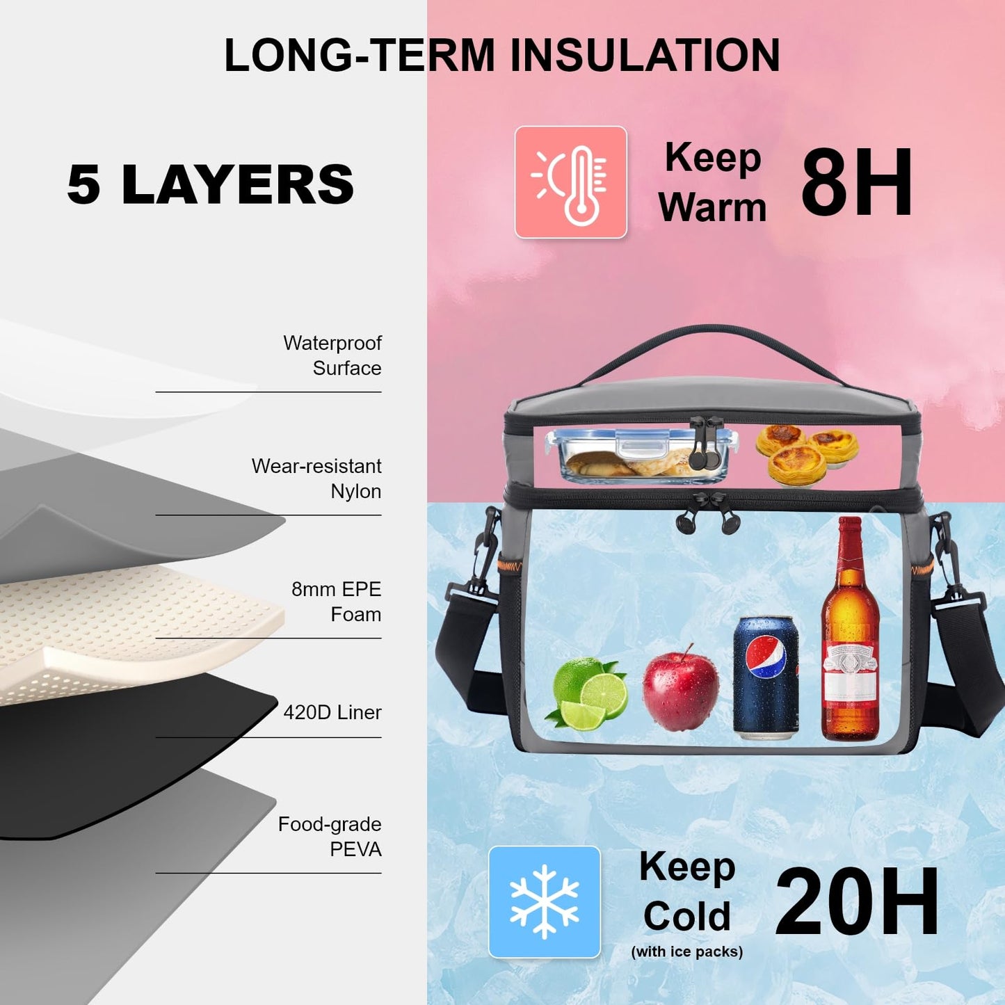 EVERFUN Small Cooler Bag 24 Can Insulated Lunch Box Double Deck Soft Leak-Proof Waterproof Collapsible Ice Chest for Men Women Work Travel Car Trip Picnic Beach, Gray