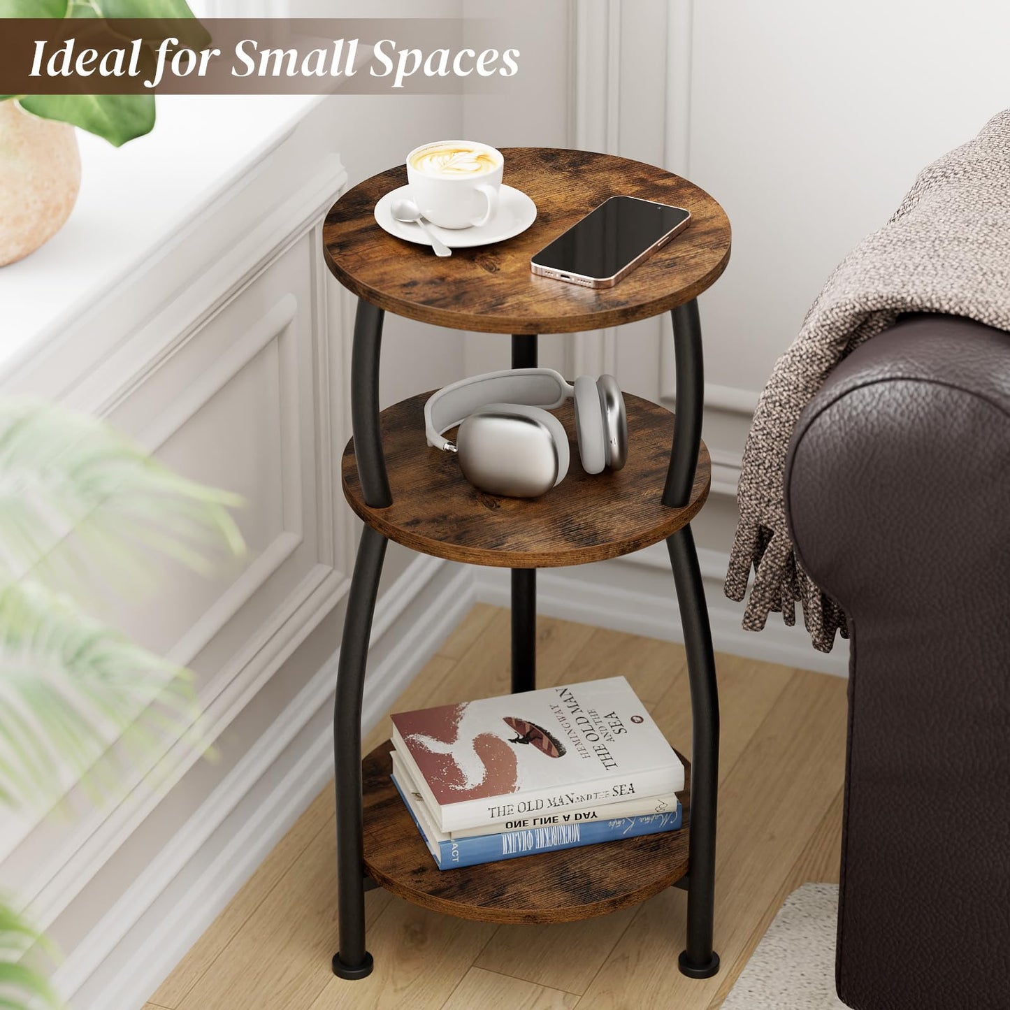 Yuede Small Round Side Table, 3-Tier End Table with Storage Shelf, Slim Coffee Table for Small Spaces, Industrial Sofa Table for Narrow Gaps in Living Room & Bedroom, Rustic Brown