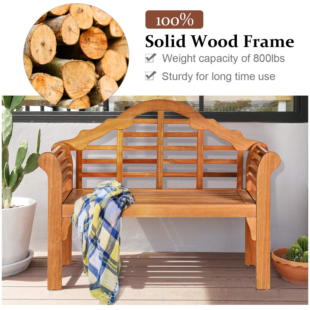 Tangkula Folding Outdoor Eucalyptus Wood Bench, 49” Large Foldable Solid Wood Garden Park Bench, 2-Person Loveseat Chair for Entryway, Deck, Porch, Poolside & Balcony