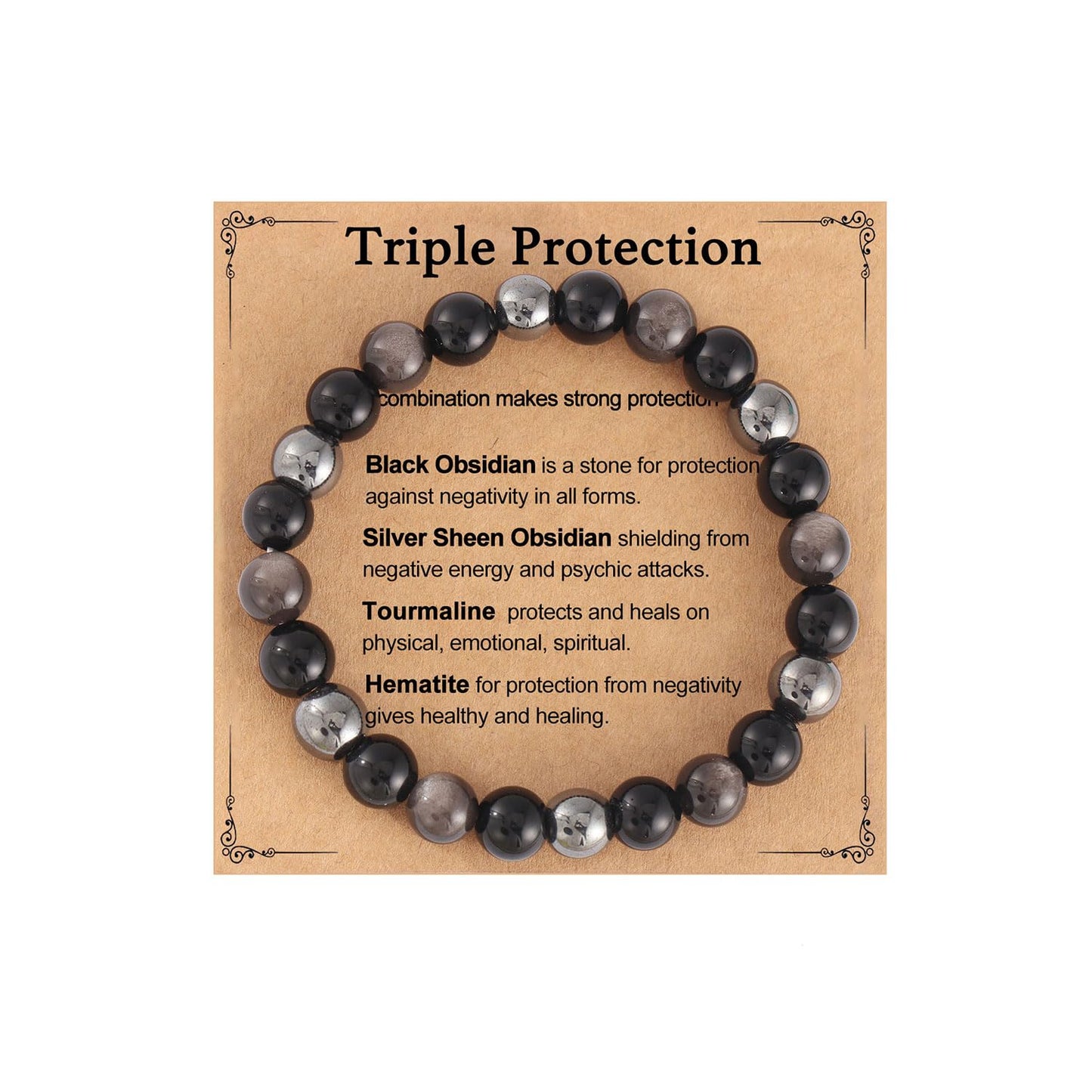 AULSIEY Hematite Black Tourmaline Obsidian Bracelet for Men, Triple Empath Protection Bracelet Gifts for Women, Protection Healing Crystal Bracelets, Evil Eye Jewelry Bracelets Mental Health-8mm