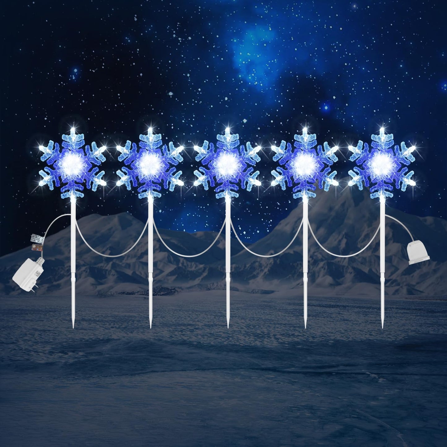 Snowflake lights outdoor 3D Crystal Cool White and Blue Chasing Led 9 ft set of 5 Yard Stake Snowflake Christmas Pathway Lights Connectable Christmas Decorations Outside for Yard Path Lawn Patio Decor