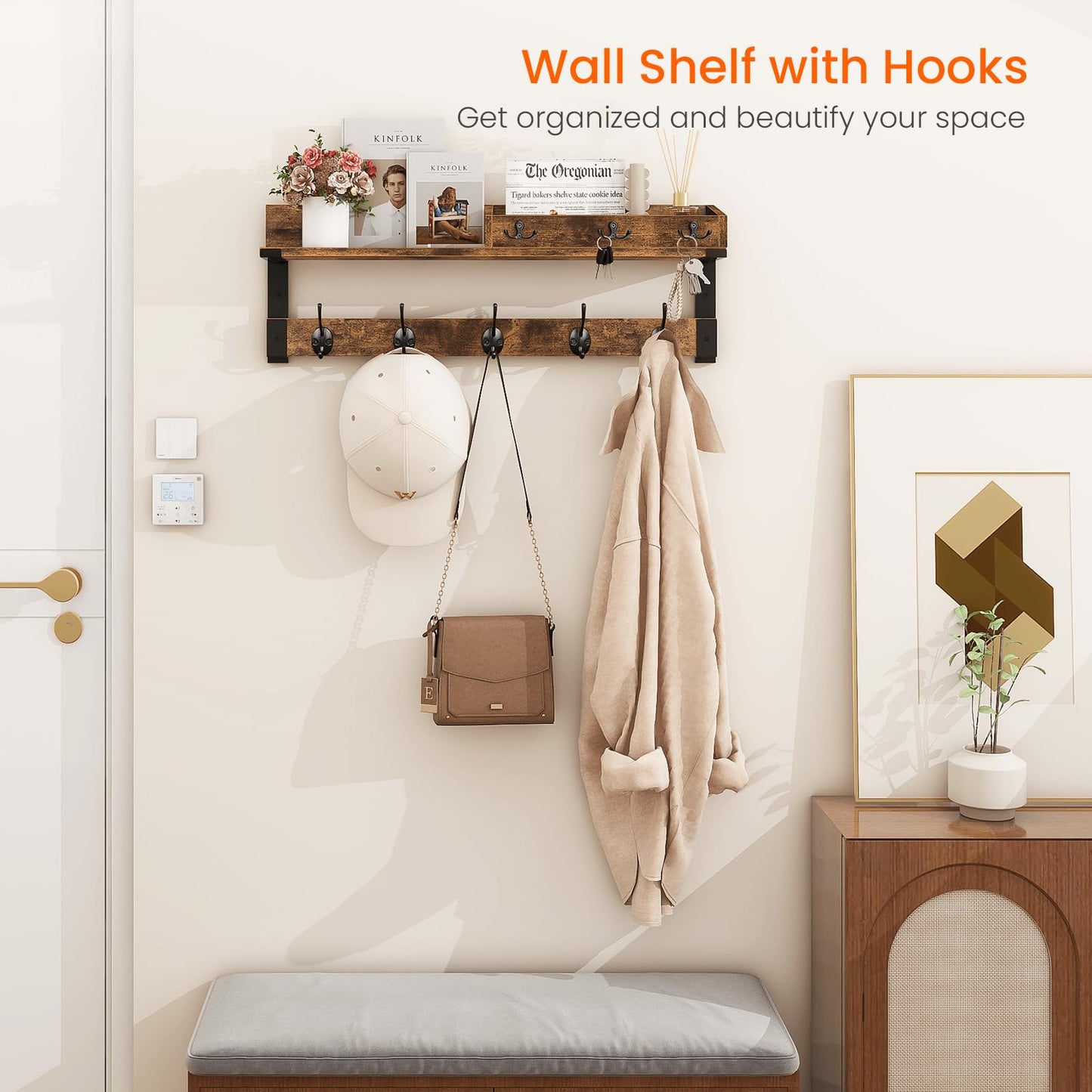 Homode Coat Rack with Shelf, Wall Shelf with Hooks, 26 Inch Long Coat Hanger Wall Mount with Key and Mail Holder, Wood Entryway Shelves for Hanging Hat Jacket Backpack Purse, Rustic Brown Black