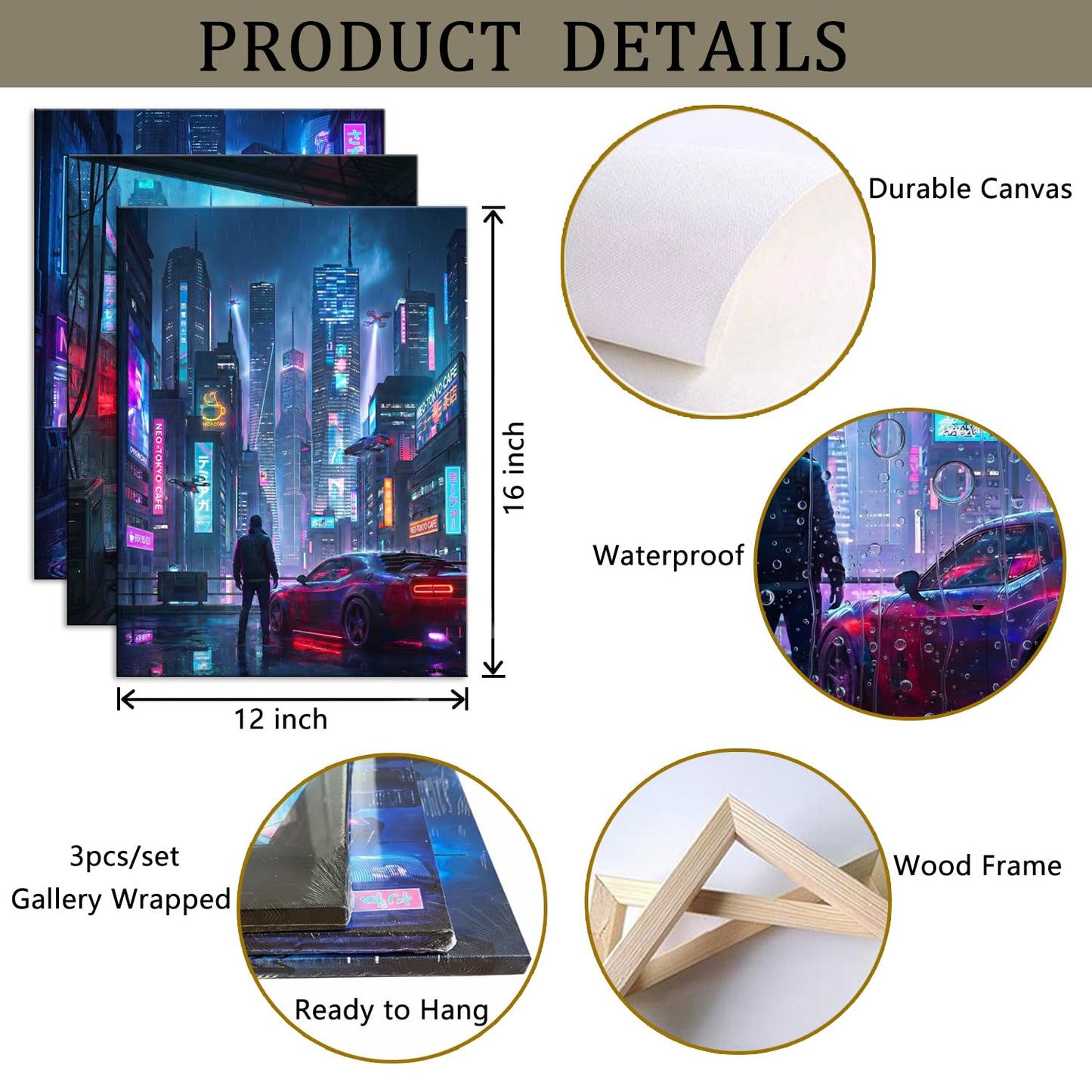 Deergar Cyberpunk Anime Wall Art Canvas Prints 3 Pieces Tokyo Neon Night Cityscape Anime Posters Modern Japanese Street Landscape Painting for Gaming Room Decor, Boys Bedroom, Man Cave