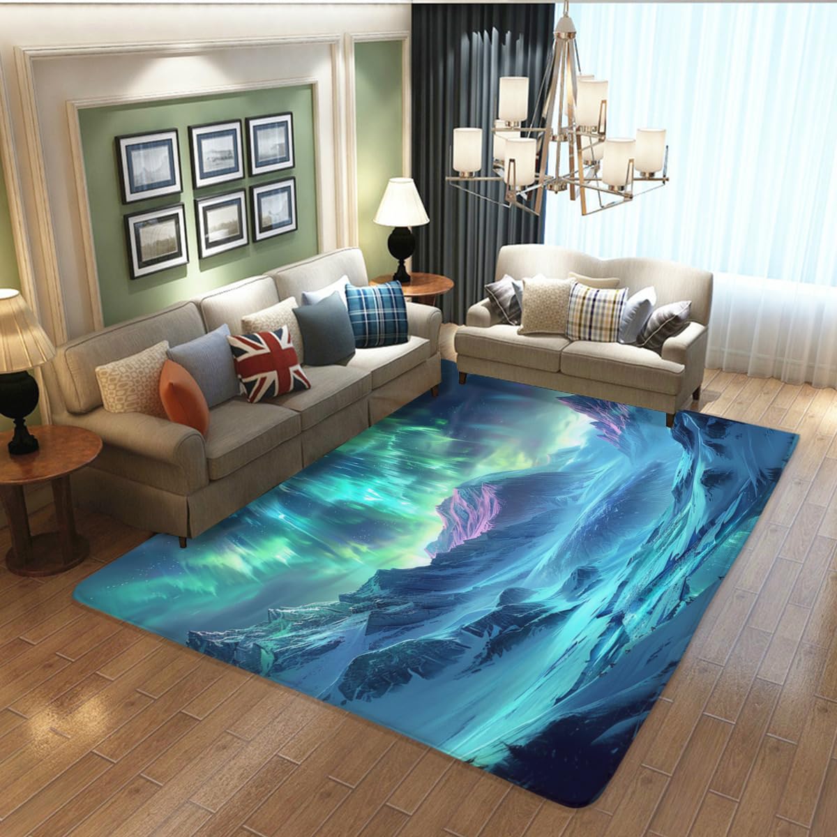 Landscape Carpet Blue Green Purple Gradient Style Aurora Snow Mountain Range Comfortable Atmosphere Floor mat Suitable for Bedroom Home Decoration Great Gift Practical Item 24x36inch