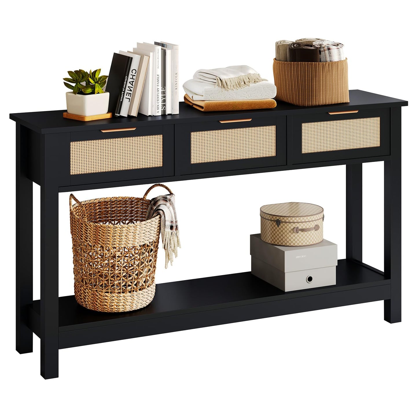 Luoxiao 47" Entryway Table with 3 Rattan Drawers, Narrow Console Table with Storage Shelf, Modern Black Slim Sofa Table for Living Room Hallway Foyer, Boho Entry Way Table, Anti-Tip, Easy Assembly
