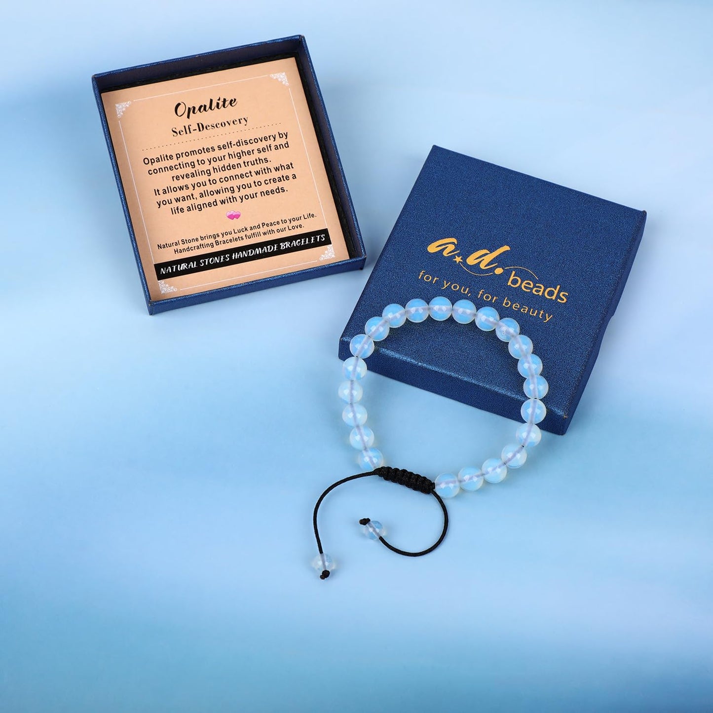 AD Beads 8mm Opalite - Self-Descovery - Handmade Natural Stone Crystal Bracelet with Adjustable Macrame String - Yoga Healing Power Energy Gifts for Men and Women