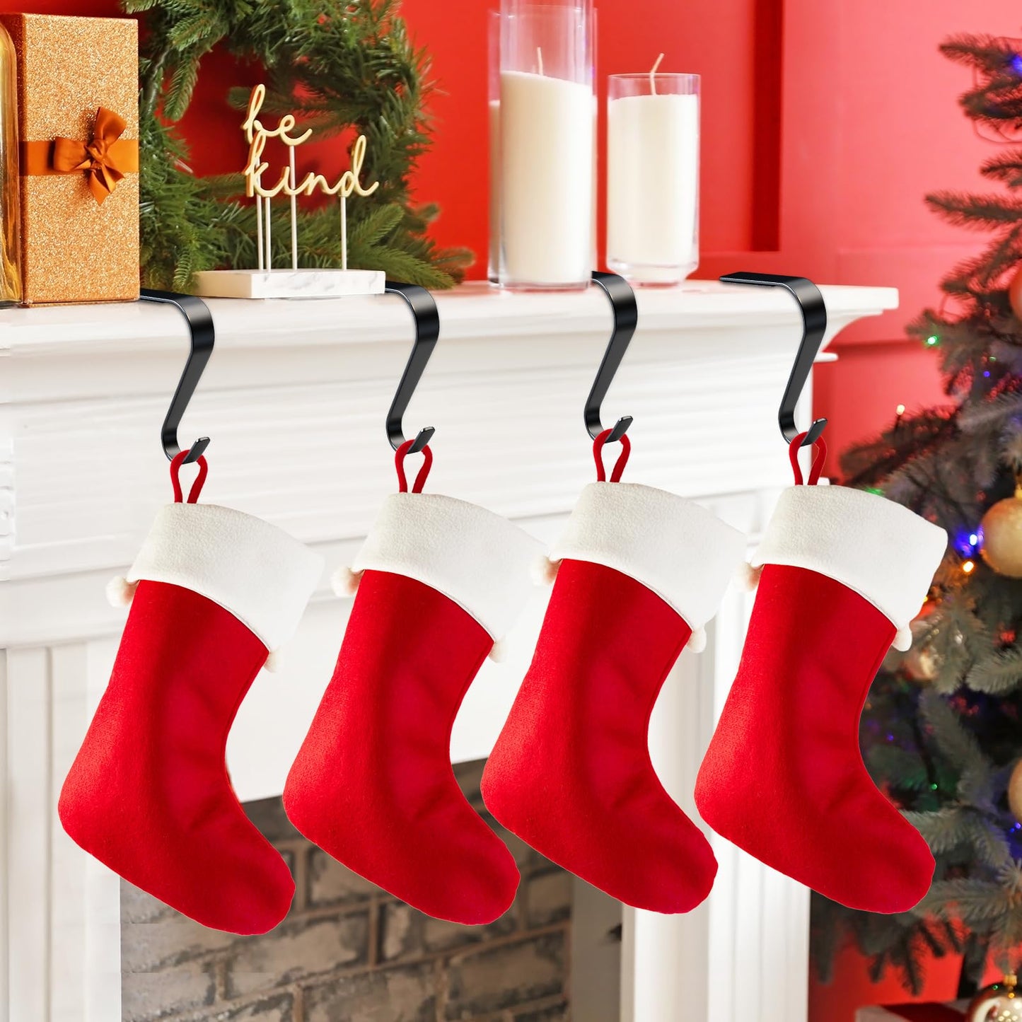 Christmas Stocking Holders for Mantle Set 4, Non-Slip & Scratch-Free Stocking Holder for Fireplace Christmas Decorations, Upgrade Lightweight Mantle Stockings Hangers Hooks for Xmas Decor (Black)