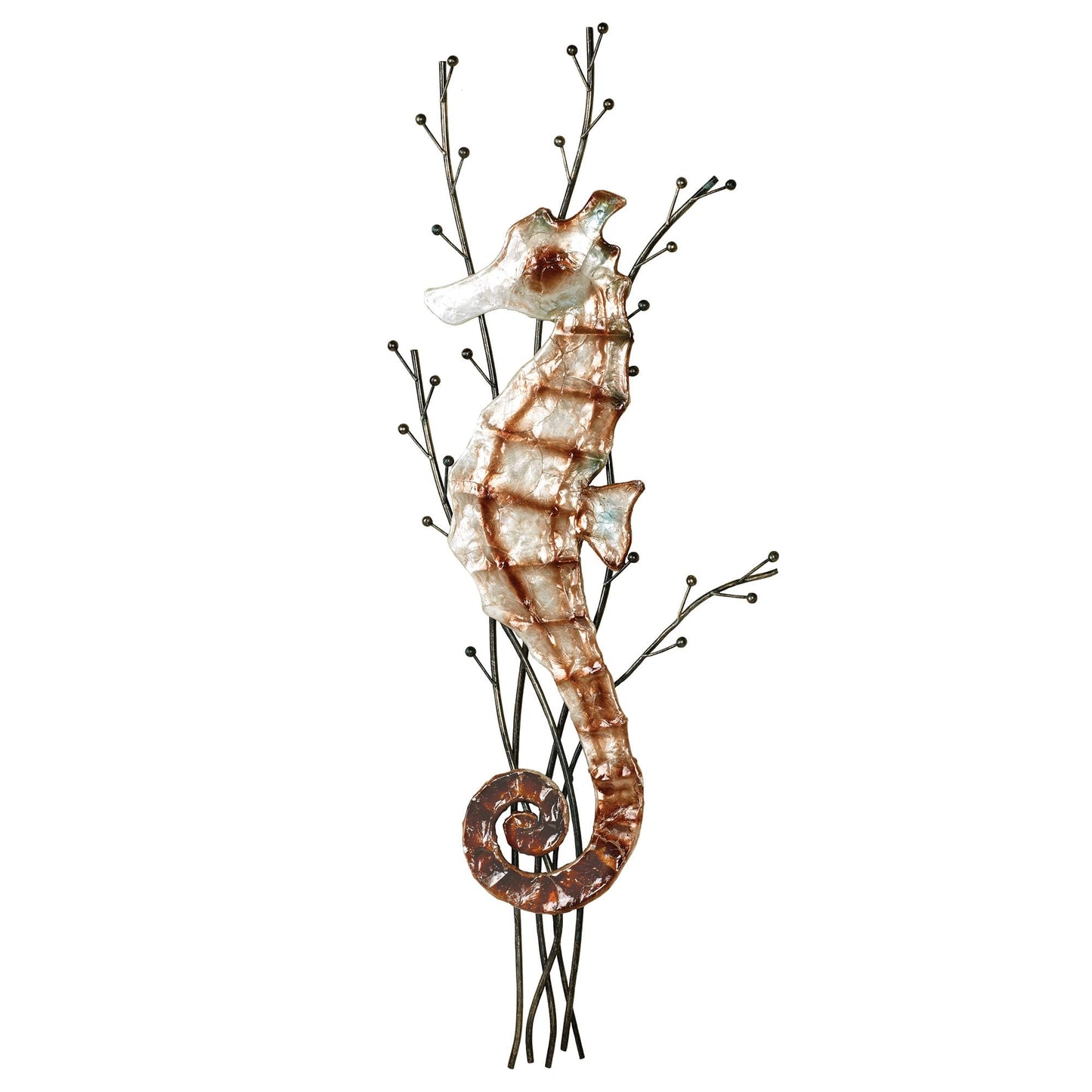 Touch of Class Atlantic Seahorse Metal Wall Sculpture Brown One Size - Coastal Style - Ocean Theme Decor - Metal and Capiz Shell Nautical Beach Themed Art for Bathroom, Bedroom - 31 Inches High
