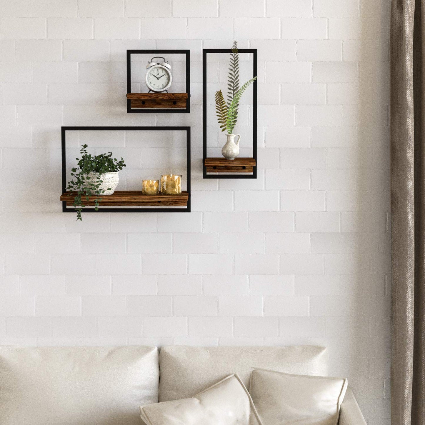 DELFOY Metal Frame Rustic Wooden Floating Hanging Shelves, Home Decor Wall Mounted Display Organizing Shelf for Living Room, Bedroom, Office Bathroom. Set of 3