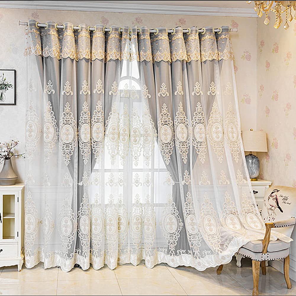 Amidoudou 1 Pair Luxury 3D Flower Embroidered Curtains for Bedroom European Double Layer Curtains with Valances for Living Room (Grey,52x84 Inch)