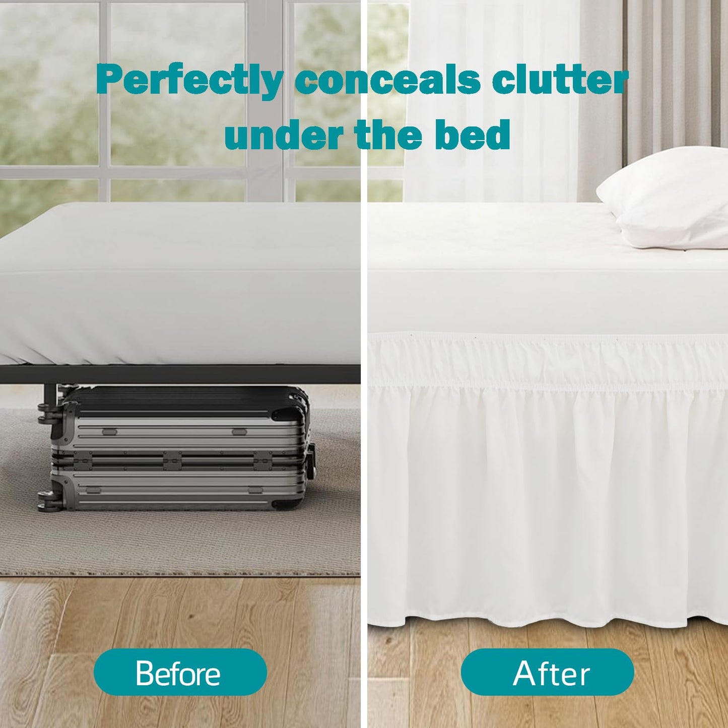 Vocander White Queen Size Bed Skirt 14 Inch Drop, Elastic Wrap Around Dust Ruffle Bed Skirting Easy to Install, Adjustable Tailored Bedskirts Fade & Wrinkle Resistant, Bedroom Decor