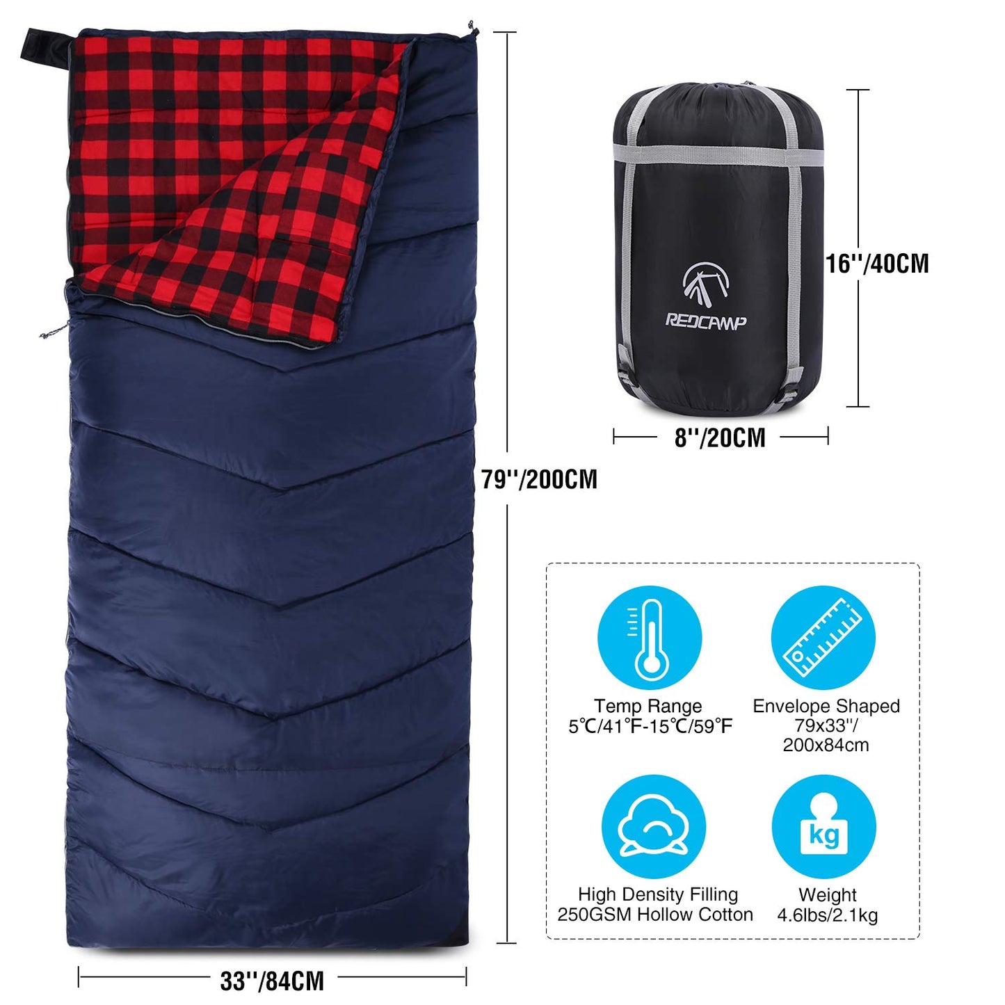 REDCAMP Cotton Flannel Sleeping Bag for Adults, XL 32/41/50F Comfortable, Envelope Sleeping Bag with Compression Sack, Red Plaid 2lbs(79"x33")