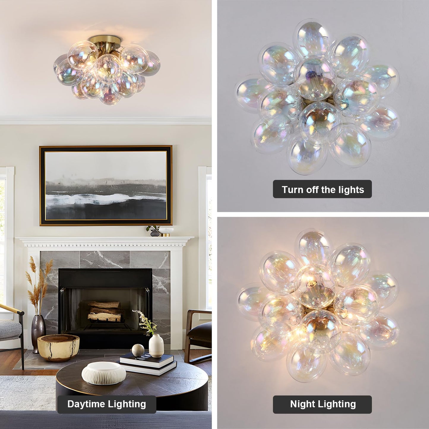 GoYeel Semi Flush Mount Ceiling Light Gold, Colorful Bubble Light Fixture Kitchen 17.7in Mid Century Modern Chandelier Small Glass with 13 Globe for Kid Room Girls Room Foyer Living Room