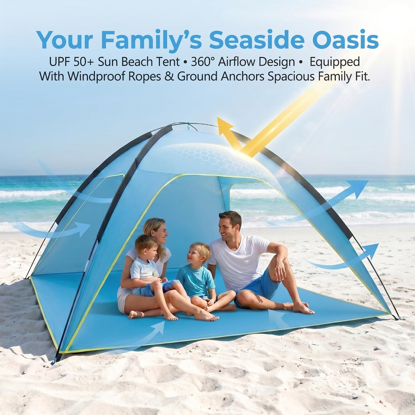 Beach Tent Sun Shelter, Portable Pop Up Beach Tent for 4-5 Person with UPF 50＋ UV Protection, Easy Setup Lightweight Waterproof Ventilation Design Family Sun Shelters for The Beaches