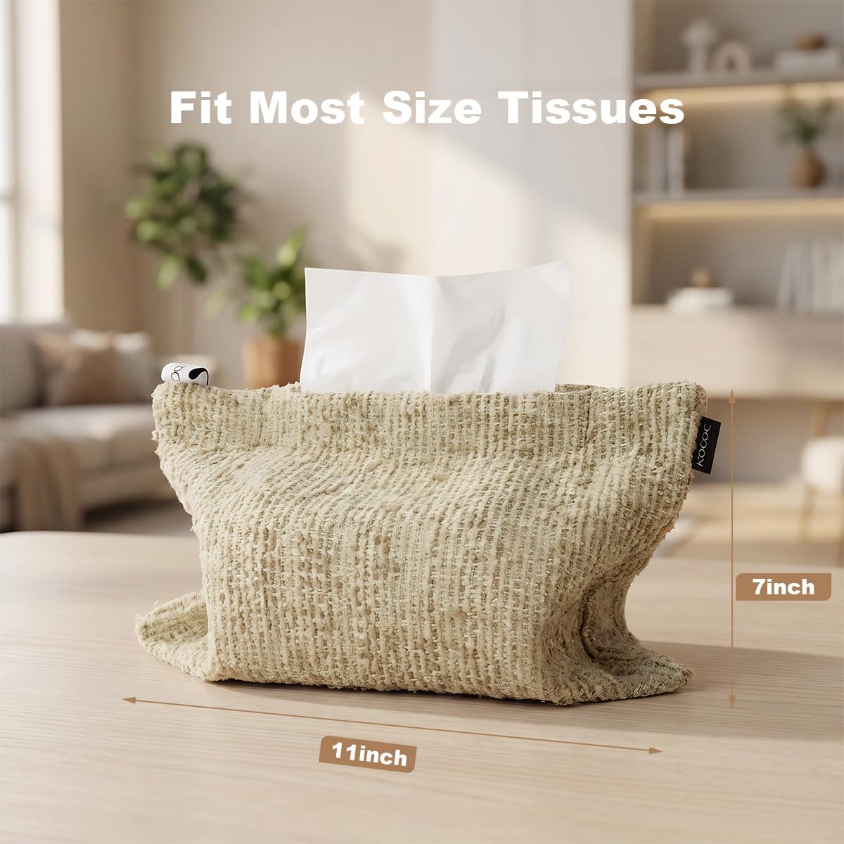 Nordic Forest Style Tissue Holder Bag Soft Khaki Chenille Fabric Pocket Tissue Holder Reusable Decorative Holder Decorations for Home Office Bathroom Car 10.6×7 inches