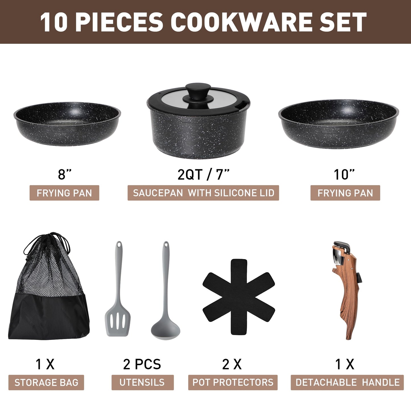 MAISON ARTS Detachable Handle Induction Pots and Pans Set, 10 Piece Non Stick Kitchen Cookware Sets, Stackable Black Granite RV Cooking Set for Camper