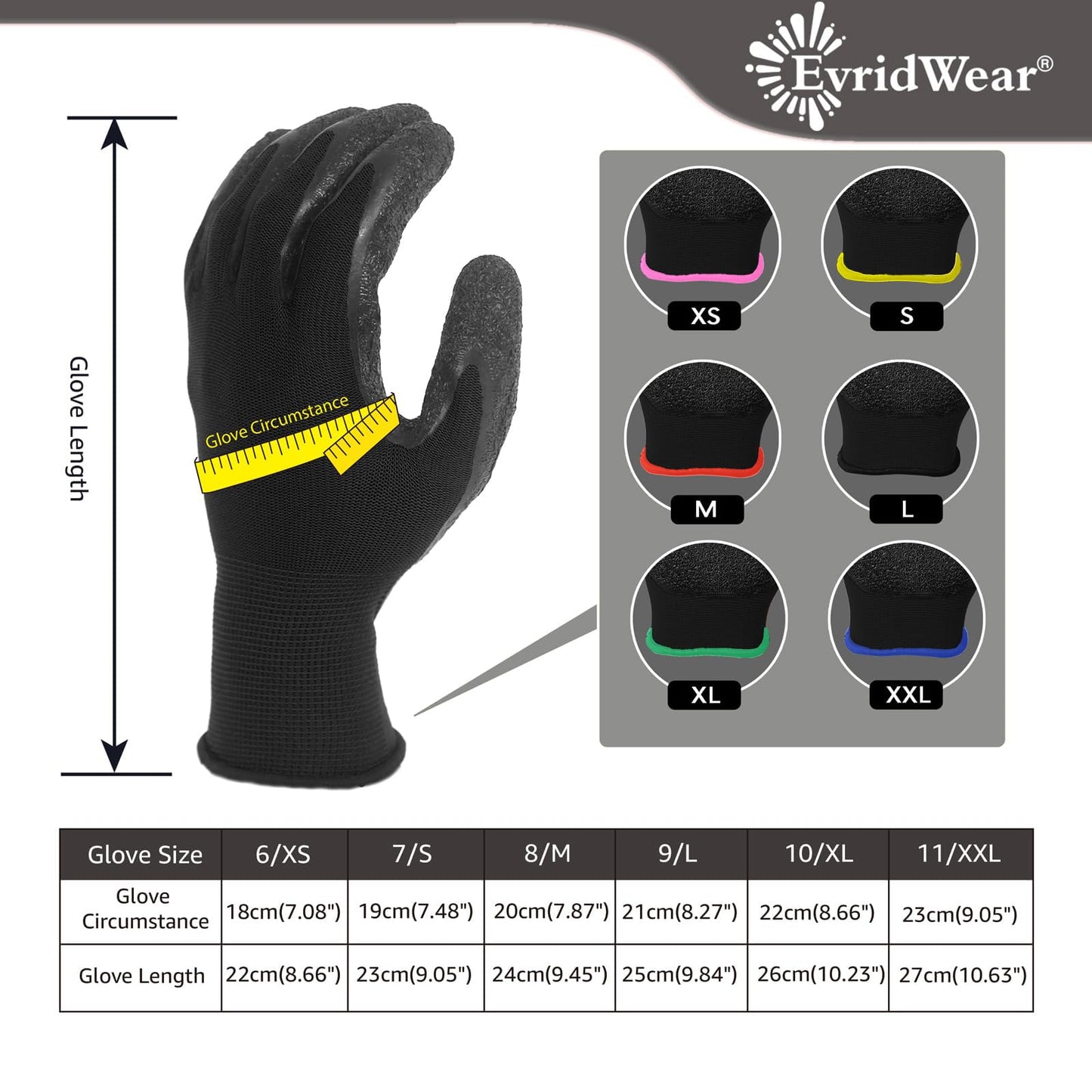 Evridwear Crinkle Latex Rubber Hand Coated Safety Work Gloves for Men Women General Multi Use Construction Warehouse Gardening Assembly Landscaping,Black XX-Large 12 Pairs Pack