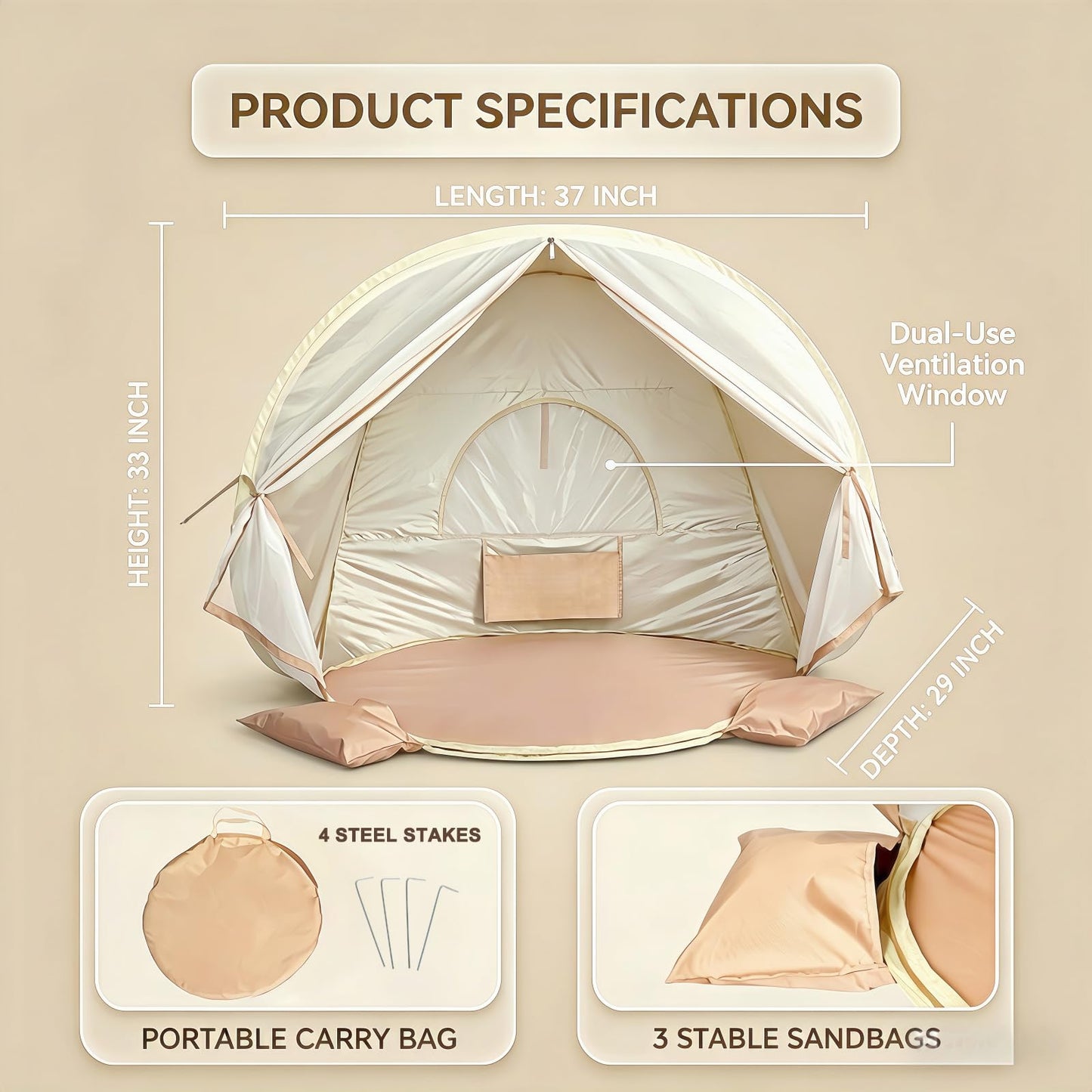 Pivoryla Baby Beach Tent, Pop Up Baby Tent with UV Protection, 37"x29"x33" Baby Sun Shade, Portable Baby Beach Essentials | 1.2lbs Lightweight, Sand-Proof Mesh Door, 4 Steel Stakes & Carry Bag