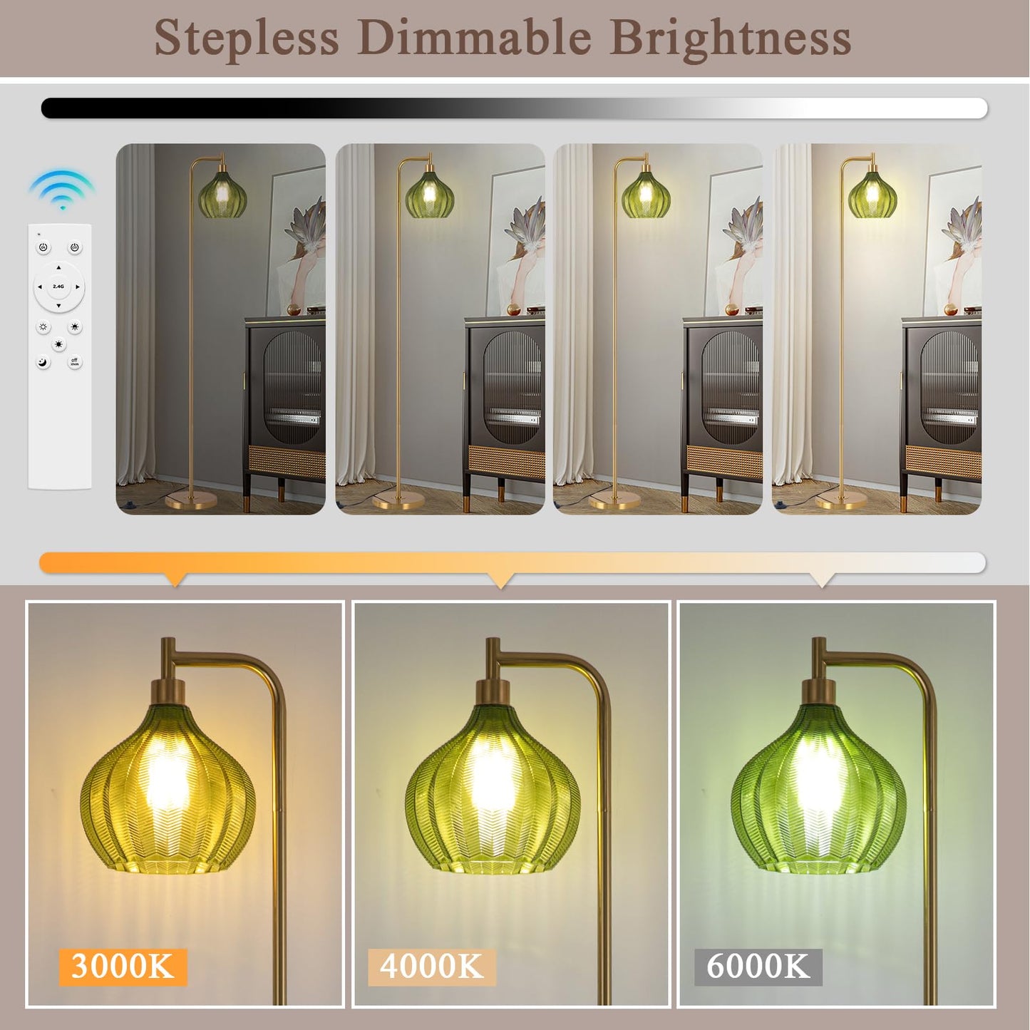 EIDISUNY Floor Lamp for Living Room, Modern Standing Lamp with Remote, Dimmable, 3CCT, Arc Tall Floor Lamp with Green Glass Lampshade for Bedroom Study Room Office (Bulb Included)