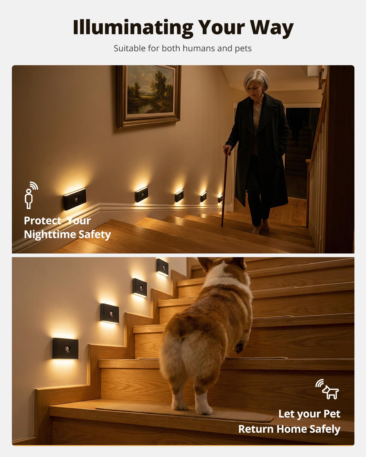 wowatt 3CCT Rechargeable Stair Lights Indoor, Black Stairway Lights Indoor with Magnetic Mount, Dimmable Stair Lights Motion Sensor for Stairway, Hallway, Kitchen, Bathroom(6 Packs)