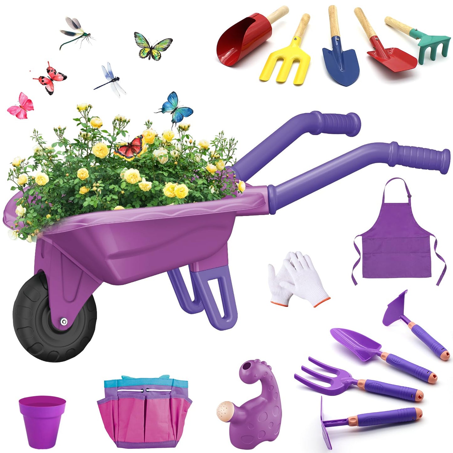 Losbenco 15 PCS Kids Gardening Tool Set for Girls Boys, Toddler Gardening Tools Set with Wheelbarrow, Flower Pot, Storage Bag, Rake, Fork, Shovel, Apron, Outdoor Garden Tool Play Set for Kids