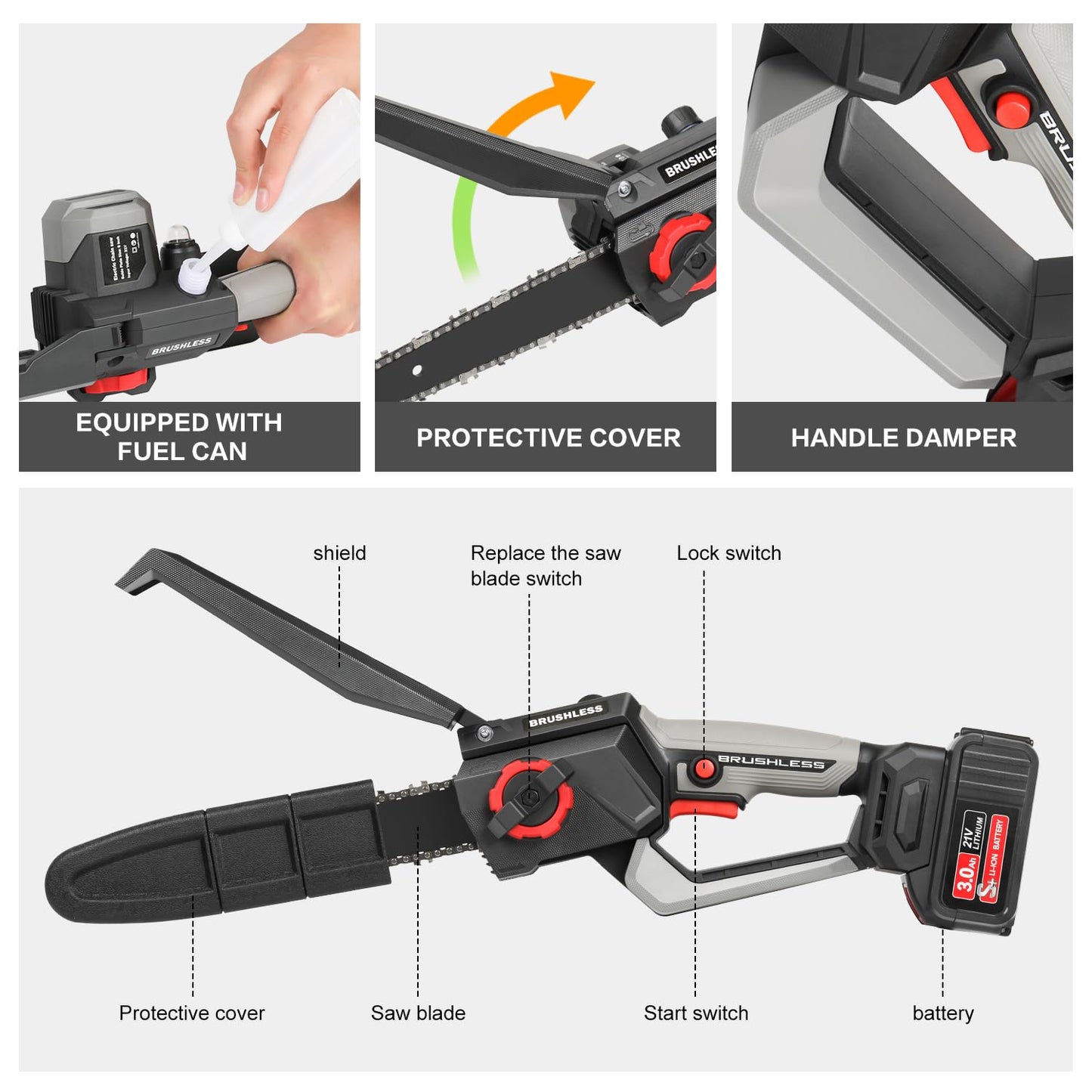 8 Inch Mini Chainsaw Cordless, 1150W 5000RPM Brushless Handheld Electric Chain Saw with Chain Guide Plate 2x3.0A Batteries and Other 6 Accessories, for Tree Branch Wood Cutting, Garden Tools Gift