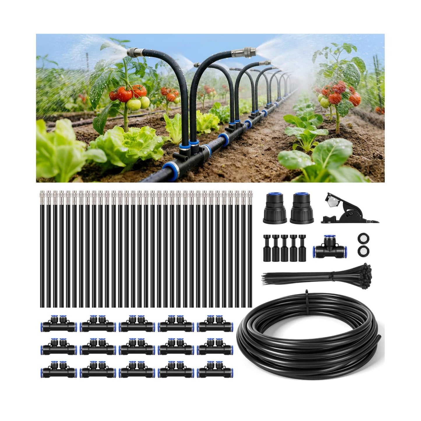 50Ft 1/2" Tubing High-Flow Drip Irrigation System, 360° Adjustable Garden Watering System with 30 Nozzles, Dual-Side Watering Kit for Raised Beds, Greenhouses & Efficient Plant Irrigation