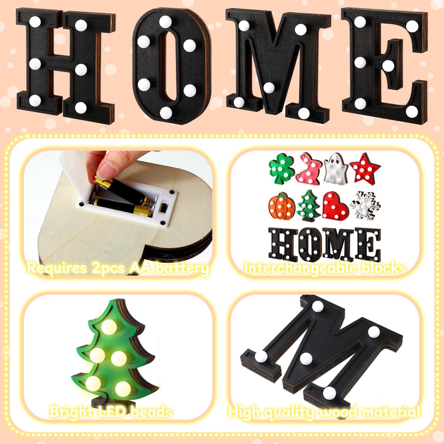 Aurelema Interchangeable Home Table Signs with 8 Pcs Seasonal Icons Wooden "home" Letter Signs with LED Marquee Light up Interchangeable Holiday Decorative Centerpiece for Holiday Room Decoration