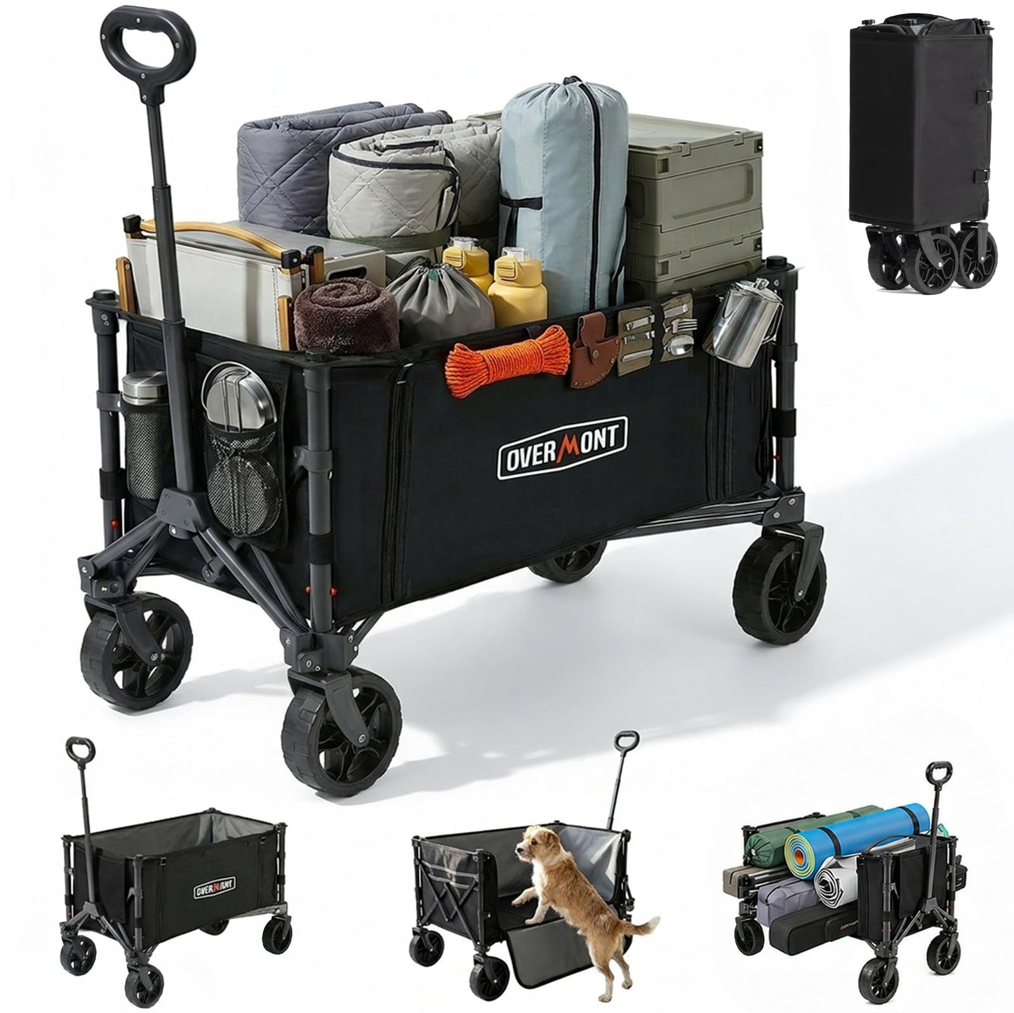 Overmont 3 in 1 Collapsible Wagon Cart - Ultra-Compact & Lightweight Foldable Wagon with All Terrain Wheels - 120L Folding Utility Wagon Portable for Grocery Camping Shopping Garden Sports