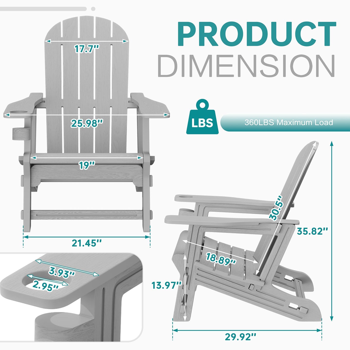 Shintenchi Adirondack Chairs Set of 2,HDPE Adirondack Chairs w/Removable Tablelop & Umbrella Hole,All-Weather Wooden Textured Plastic Outdoor Chairs w/Cup Holders for Garden Backyard Pool,Light Gray