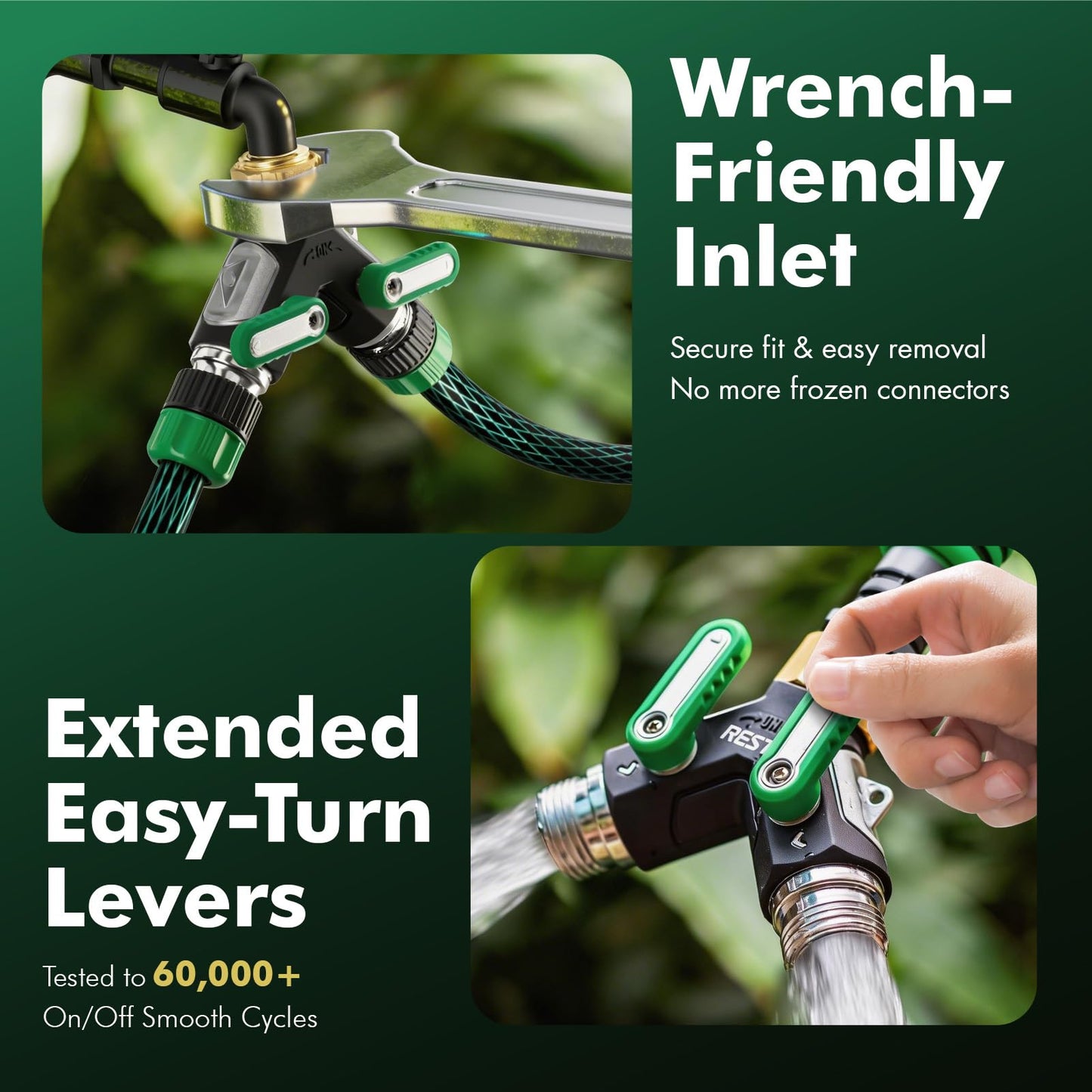 RESTMO 2 Way Garden Hose Splitter Heavy Duty Full Metal Body, Full Flow Design with Oversized Ball Valve, Y Outdoor Faucet Spigot Adapter with Extended Levers, 3/4" GHT Thread - Green 1 Pack
